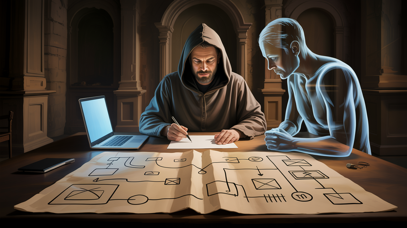 Человек за столом сосредоточенно работает над большим сложенным листом, исписанным абстрактными схемами; единственный источник света — стоящий рядом раскрытый ноутбук; рядом с человеком, в том же холодном свете, находится вторая фигура — на этот раз не за спиной, а плечом к плечу, сотканная из того же сияния, более видимая чем раньше, её светящиеся руки держат дальний край того же листа, пока человек пишет с ближнего края